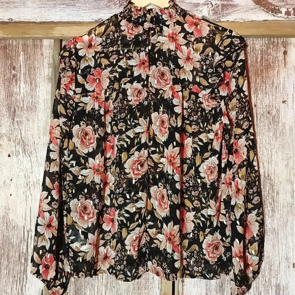 Floral sheer boho gathered mock neck flowy ruffle shimmer wide sleeve M - Picture 10 of 16